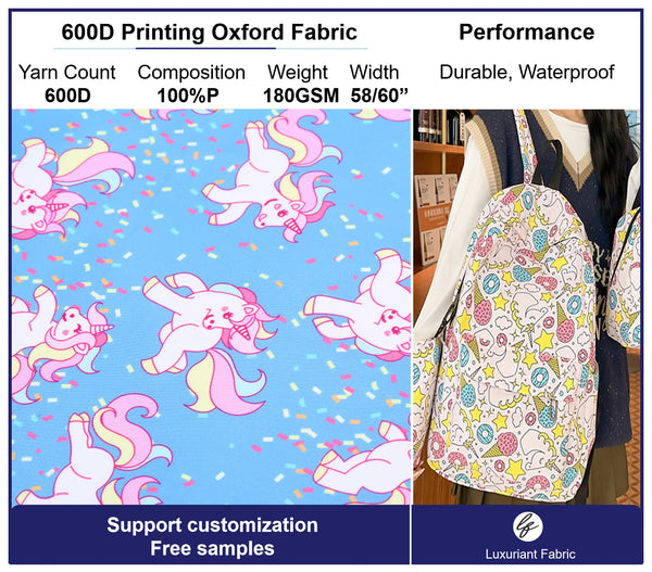 Tela Oxford de poliéster 600D con impresión digital de diseño personalizado.