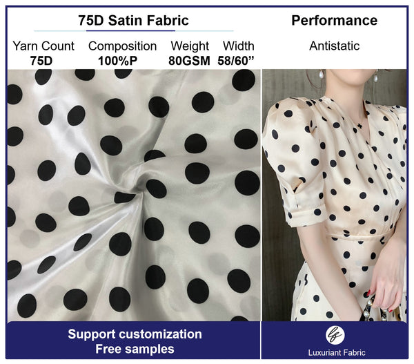 Tela satinada 75D con estampado de puntos, tela brillante para vestido